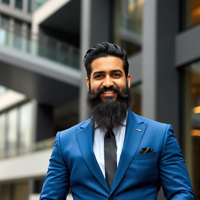 Actor Asif Ali with a long beard, dressed in an elegant blue suit, is standing confidently against a stylish urban backdrop