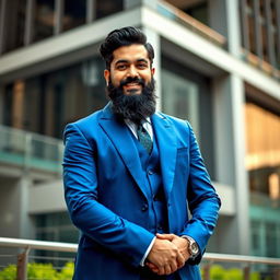 Actor Asif Ali with a long beard, dressed in an elegant blue suit, is standing confidently against a stylish urban backdrop