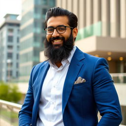 Actor Asif Ali with a long beard, dressed in an elegant blue suit, is standing confidently against a stylish urban backdrop