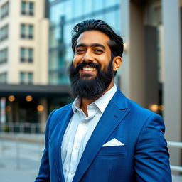 Actor Asif Ali with a long beard, dressed in an elegant blue suit, is standing confidently against a stylish urban backdrop