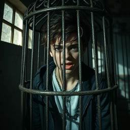 A dramatic scene featuring a teenager trapped in a cage, expressing emotions of longing and desperation