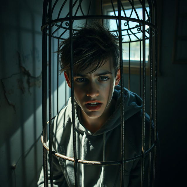 A dramatic scene featuring a teenager trapped in a cage, expressing emotions of longing and desperation