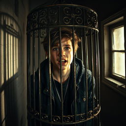 A dramatic scene featuring a teenager trapped in a cage, expressing emotions of longing and desperation