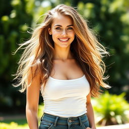 A woman standing confidently with a healthy and fit physique