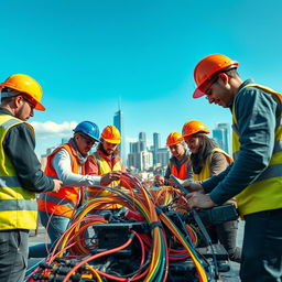 A realistic advertisement image showcasing a dedicated team working on connecting optical fibers