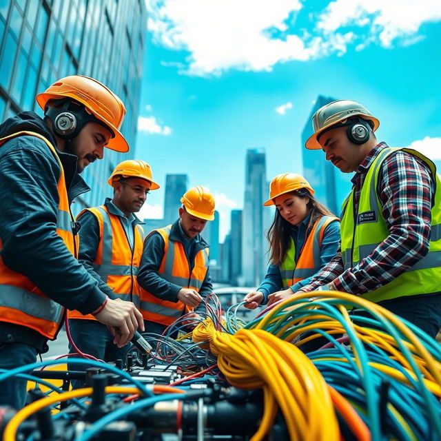 A realistic advertisement image showcasing a dedicated team working on connecting optical fibers