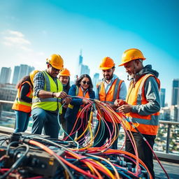 A realistic advertisement image showcasing a dedicated team working on connecting optical fibers