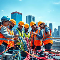 A realistic advertisement image showcasing a dedicated team working on connecting optical fibers