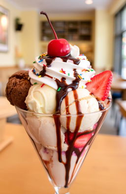 A delicious and visually stunning ice cream sundae featuring multiple scoops of rich, creamy ice cream in various flavors such as chocolate, vanilla, and strawberry