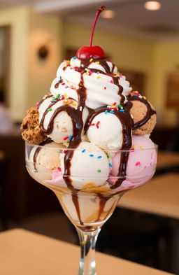 A delicious and visually stunning ice cream sundae featuring multiple scoops of rich, creamy ice cream in various flavors such as chocolate, vanilla, and strawberry