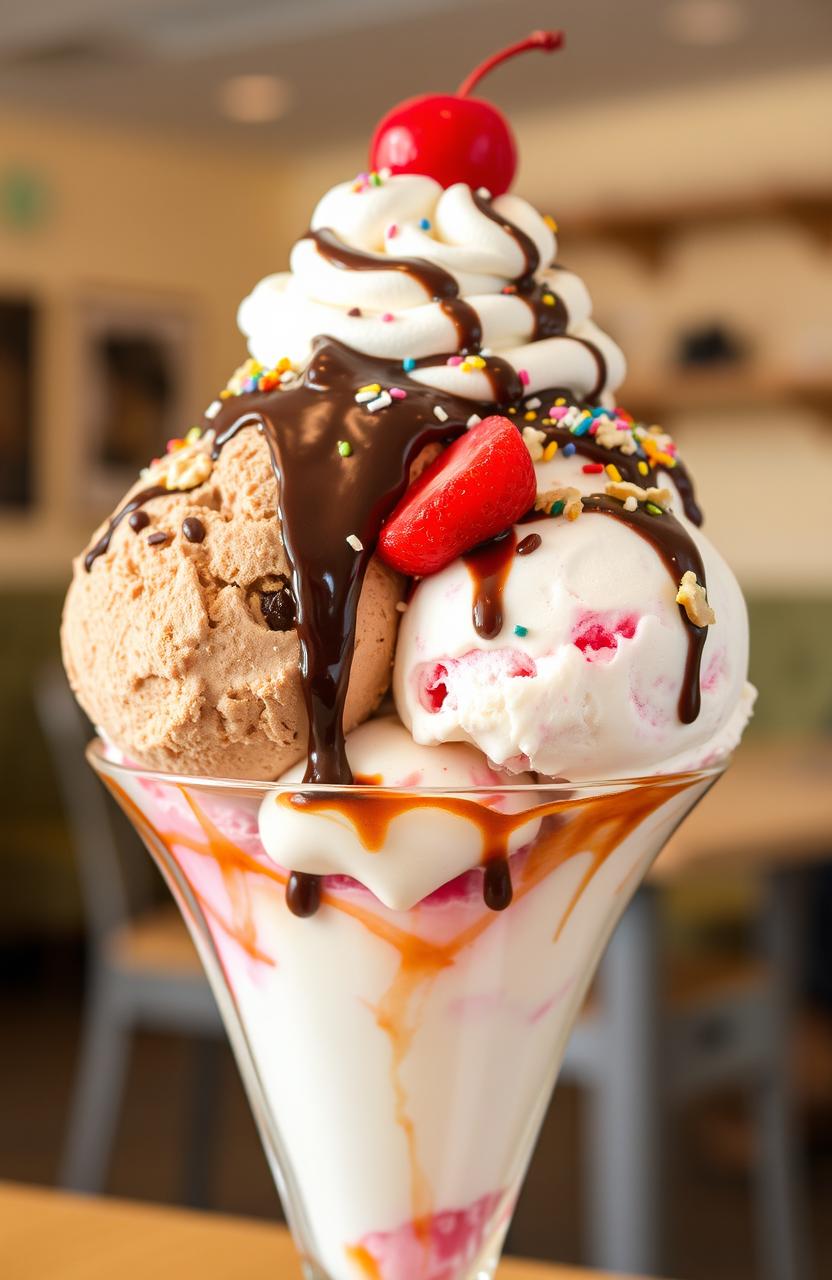 A delicious and visually stunning ice cream sundae featuring multiple scoops of rich, creamy ice cream in various flavors such as chocolate, vanilla, and strawberry