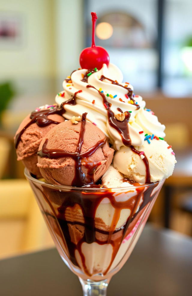 A delicious and visually stunning ice cream sundae featuring multiple scoops of rich, creamy ice cream in various flavors such as chocolate, vanilla, and strawberry