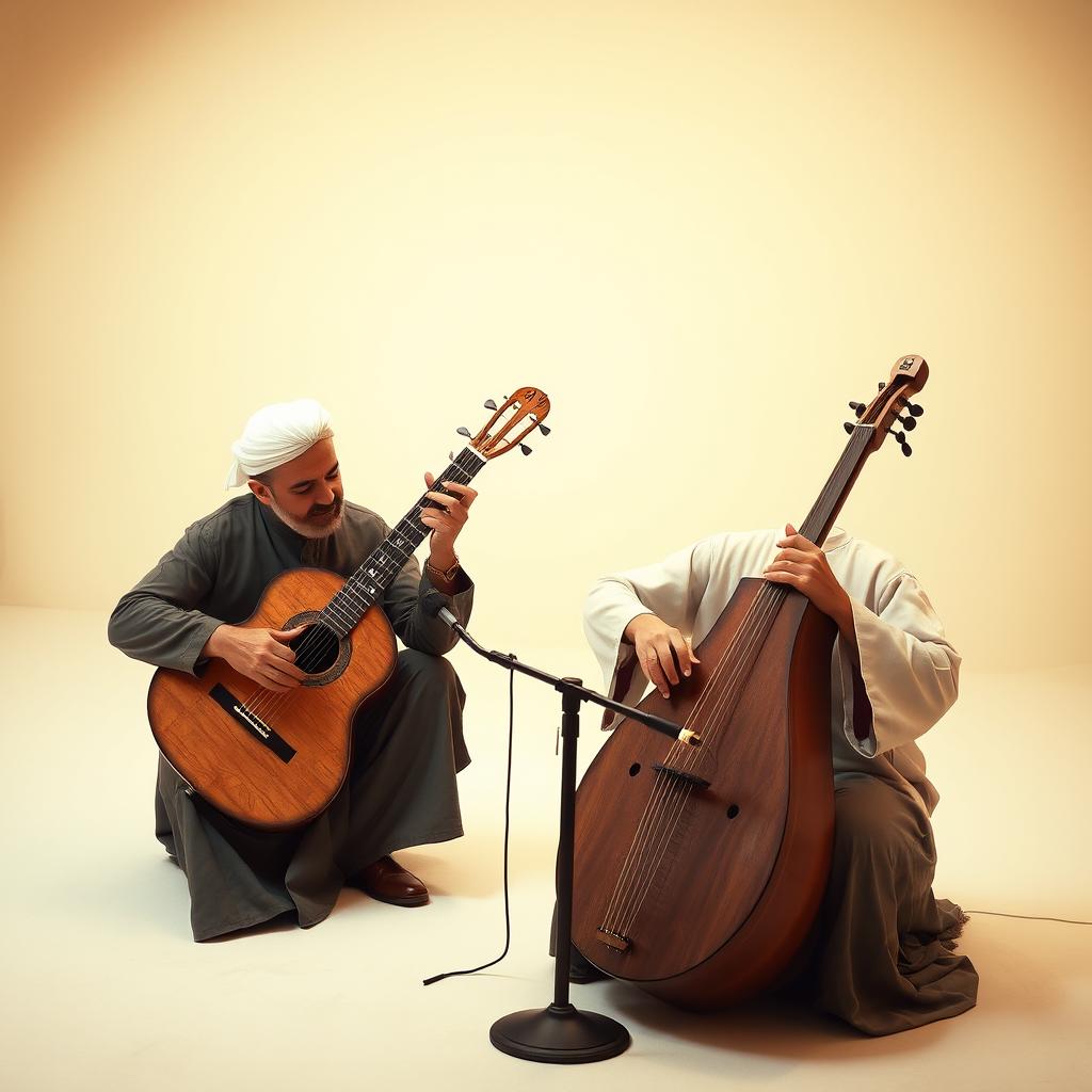 A captivating minimalist scene of an Iranian music performance, focusing on the santour and tombak instruments