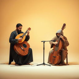 A captivating minimalist scene of an Iranian music performance, focusing on the santour and tombak instruments