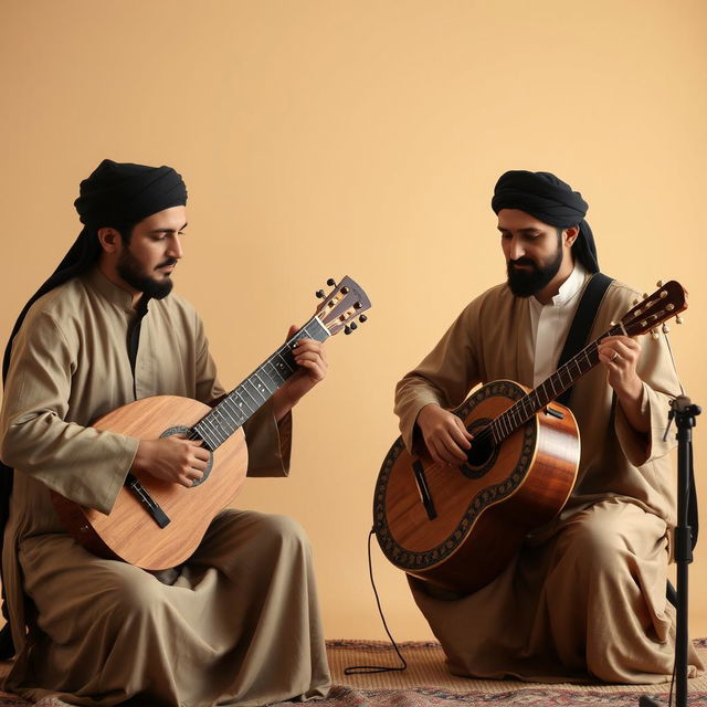 A captivating minimalist scene of an Iranian music performance, focusing on the santour and tombak instruments