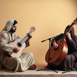A captivating minimalist scene of an Iranian music performance, focusing on the santour and tombak instruments