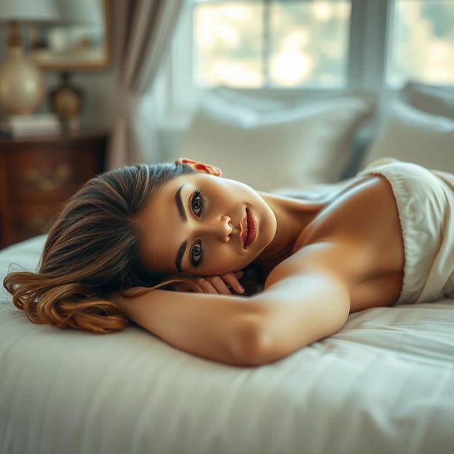 A beautiful woman lying gracefully on a bed, her hair cascading around her shoulders, with soft natural lighting enhancing her elegant features