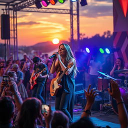 A captivating music performance scene featuring a diverse band playing on stage in a vibrant atmosphere