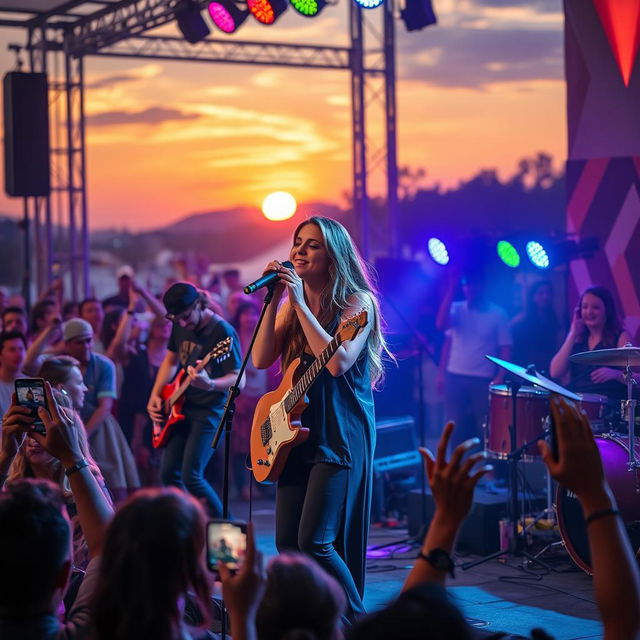 A captivating music performance scene featuring a diverse band playing on stage in a vibrant atmosphere