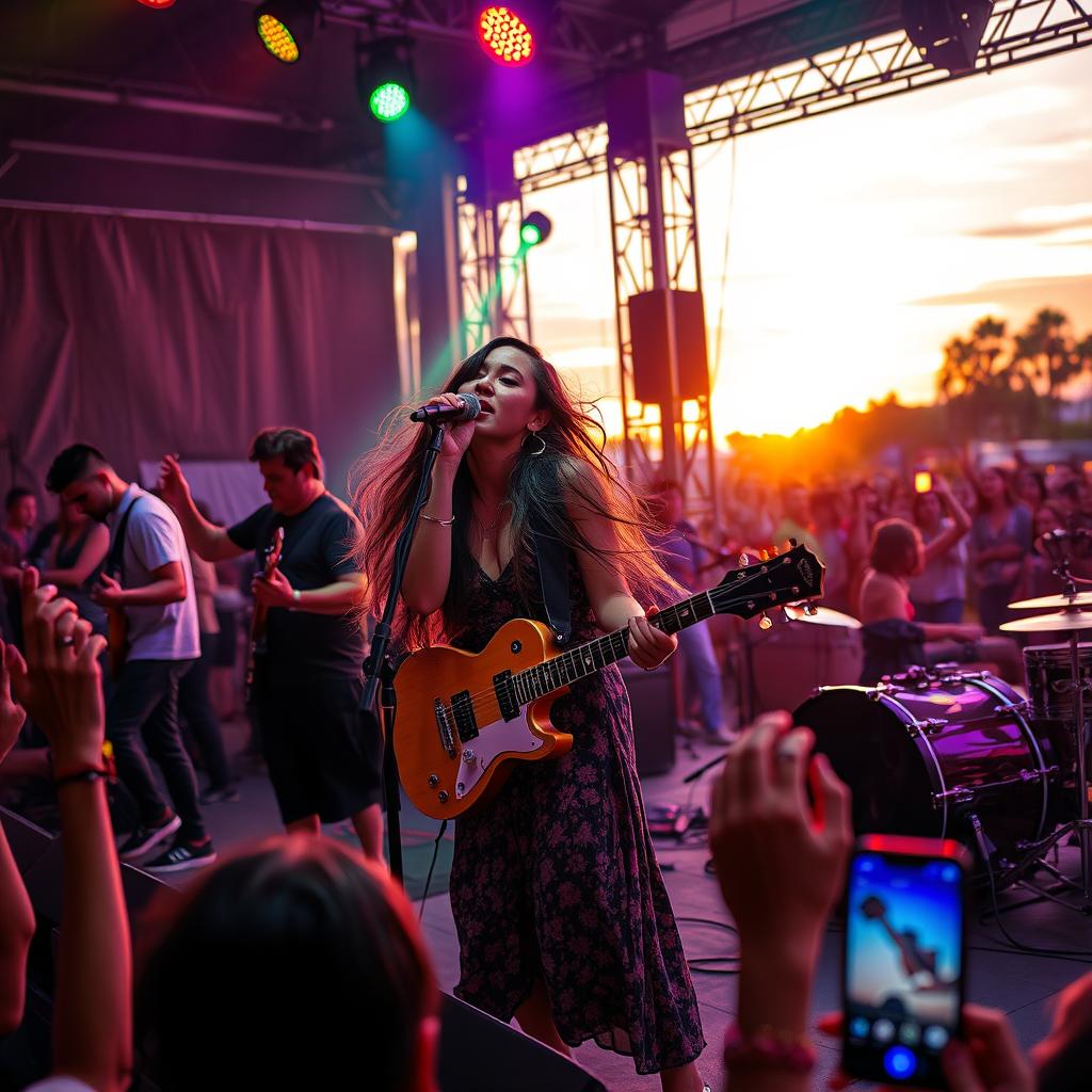 A captivating music performance scene featuring a diverse band playing on stage in a vibrant atmosphere