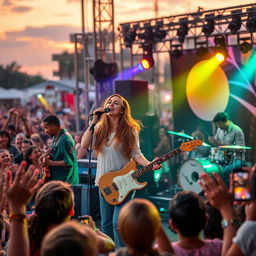 A captivating music performance scene featuring a diverse band playing on stage in a vibrant atmosphere