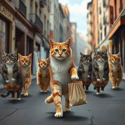 A beautiful female cat walking alone on a city street, carrying a market bag in her paw