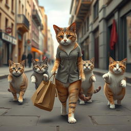 A beautiful female cat walking alone on a city street, carrying a market bag in her paw