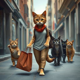 A beautiful female cat walking alone on a city street, carrying a market bag in her paw
