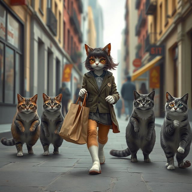 A beautiful female cat walking alone on a city street, carrying a market bag in her paw