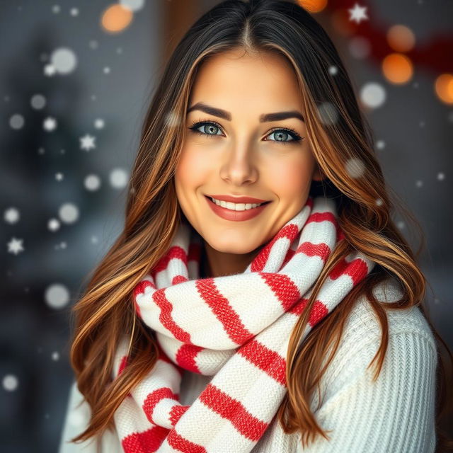 A beautiful woman gracefully wearing a white and red striped scarf, elegantly draped around her neck