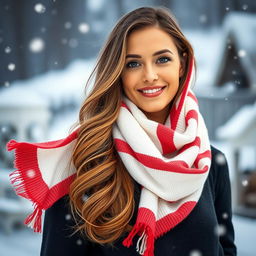 A beautiful woman gracefully wearing a white and red striped scarf, elegantly draped around her neck