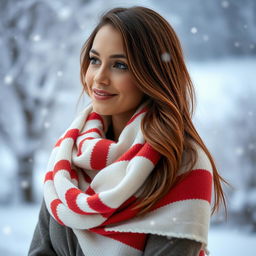 A beautiful woman gracefully wearing a white and red striped scarf, elegantly draped around her neck