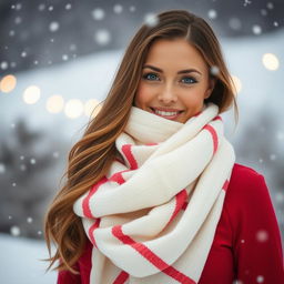 A beautiful woman gracefully wearing a white and red striped scarf, elegantly draped around her neck