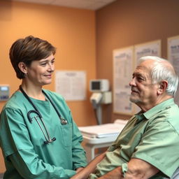 A serene medical setting featuring a doctor in a green hospital gown, attentively examining a patient sitting on an examination table
