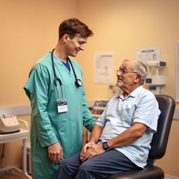 A serene medical setting featuring a doctor in a green hospital gown, attentively examining a patient sitting on an examination table