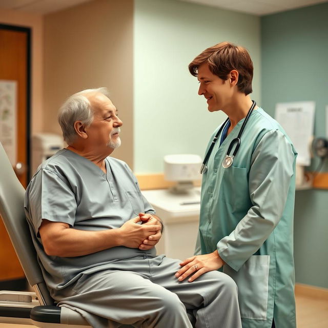 A serene medical setting featuring a doctor in a green hospital gown, attentively examining a patient sitting on an examination table