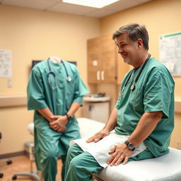 A serene medical setting featuring a doctor in a green hospital gown, attentively examining a patient sitting on an examination table