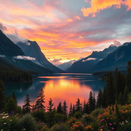 A breathtaking landscape featuring a serene lake surrounded by majestic mountains during sunset