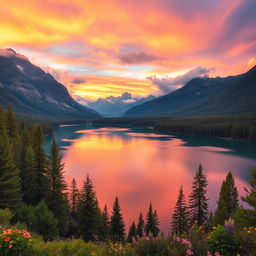 A breathtaking landscape featuring a serene lake surrounded by majestic mountains during sunset