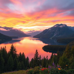A breathtaking landscape featuring a serene lake surrounded by majestic mountains during sunset