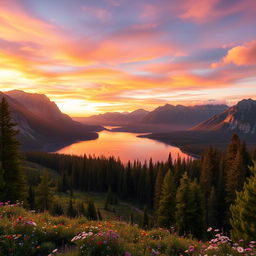 A breathtaking landscape featuring a serene lake surrounded by majestic mountains during sunset