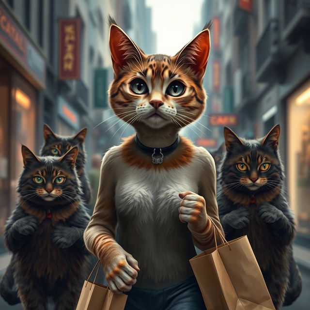 A beautiful female cat walking alone down a city street, looking realistic and anthropomorphized like a human