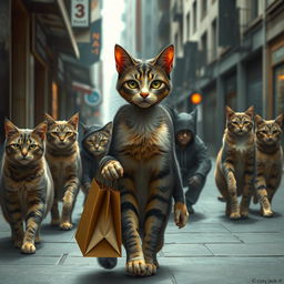 A beautiful female cat walking alone down a city street, looking realistic and anthropomorphized like a human