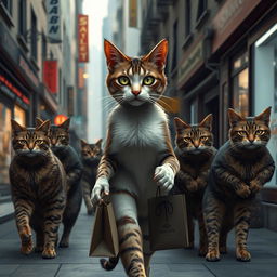 A beautiful female cat walking alone down a city street, looking realistic and anthropomorphized like a human