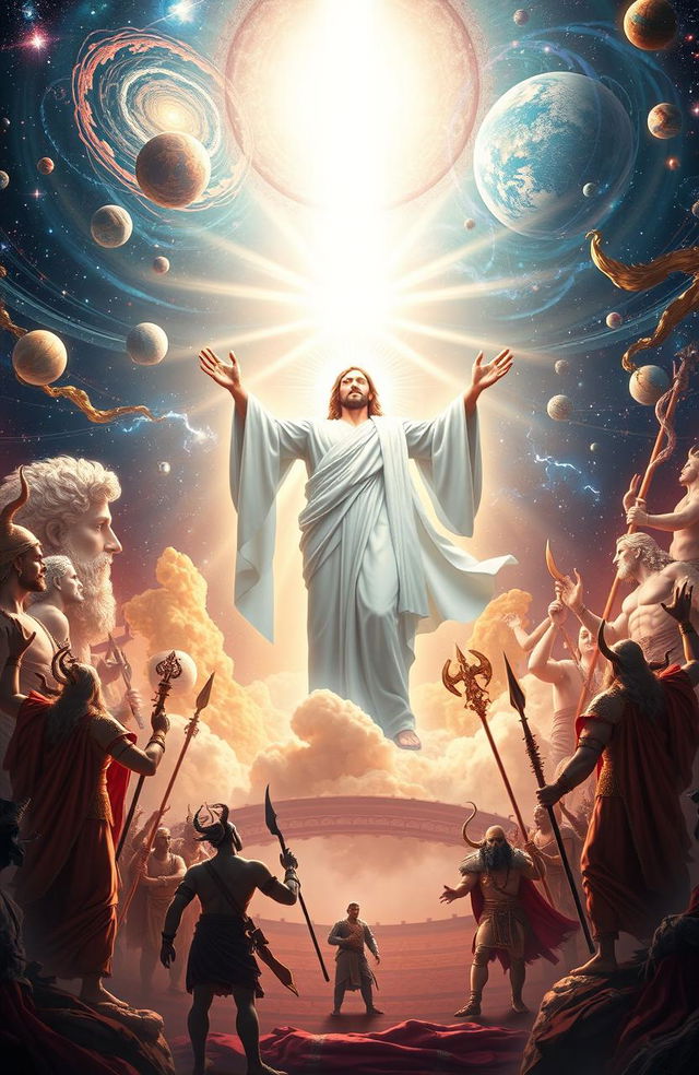 An epic scene depicting a grand celestial arena where the Christian God is portrayed as a majestic figure radiating divine light, surrounded by a luminous aura