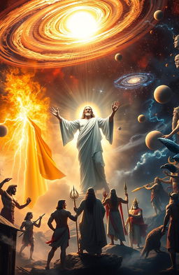 An epic scene depicting a grand celestial arena where the Christian God is portrayed as a majestic figure radiating divine light, surrounded by a luminous aura