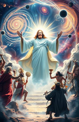 An epic scene depicting a grand celestial arena where the Christian God is portrayed as a majestic figure radiating divine light, surrounded by a luminous aura