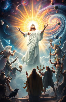 An epic scene depicting a grand celestial arena where the Christian God is portrayed as a majestic figure radiating divine light, surrounded by a luminous aura