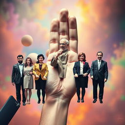 A surreal and imaginative scene depicting several individuals holding hands, but in a unique twist, each person is inside the arm of a hand, creating a visually striking effect