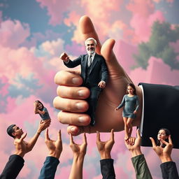 A surreal and imaginative scene depicting several individuals holding hands, but in a unique twist, each person is inside the arm of a hand, creating a visually striking effect